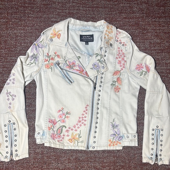 Montanaco Jackets & Blazers - Montanaco Floral Embroidered denim moto Jacket country chic studded zip up